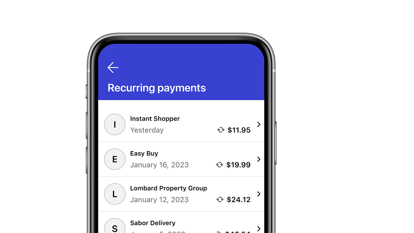 recurring payments with merchants displayed on a mobile device