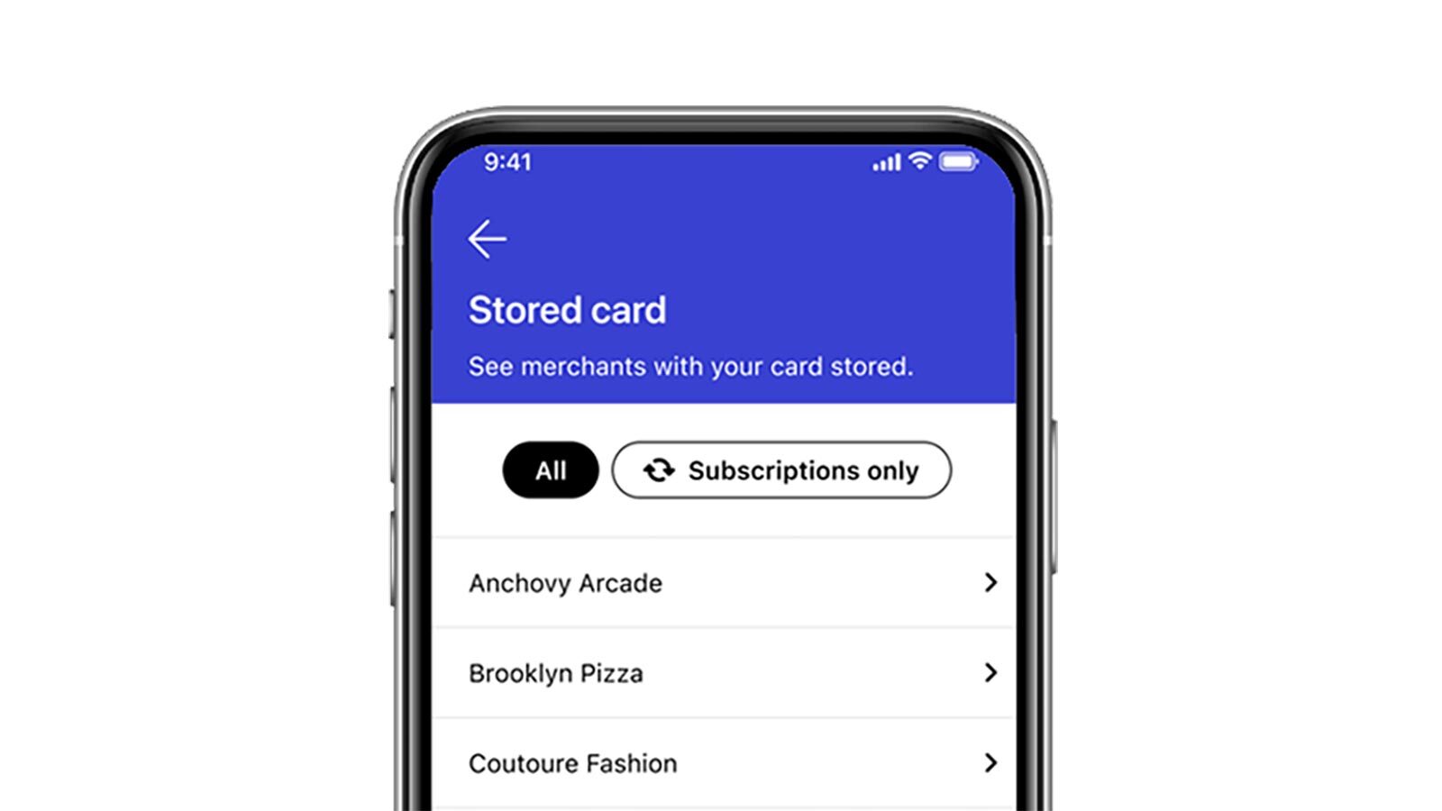 A list of merchants that have stored your credit card, displayed on a mobile device.