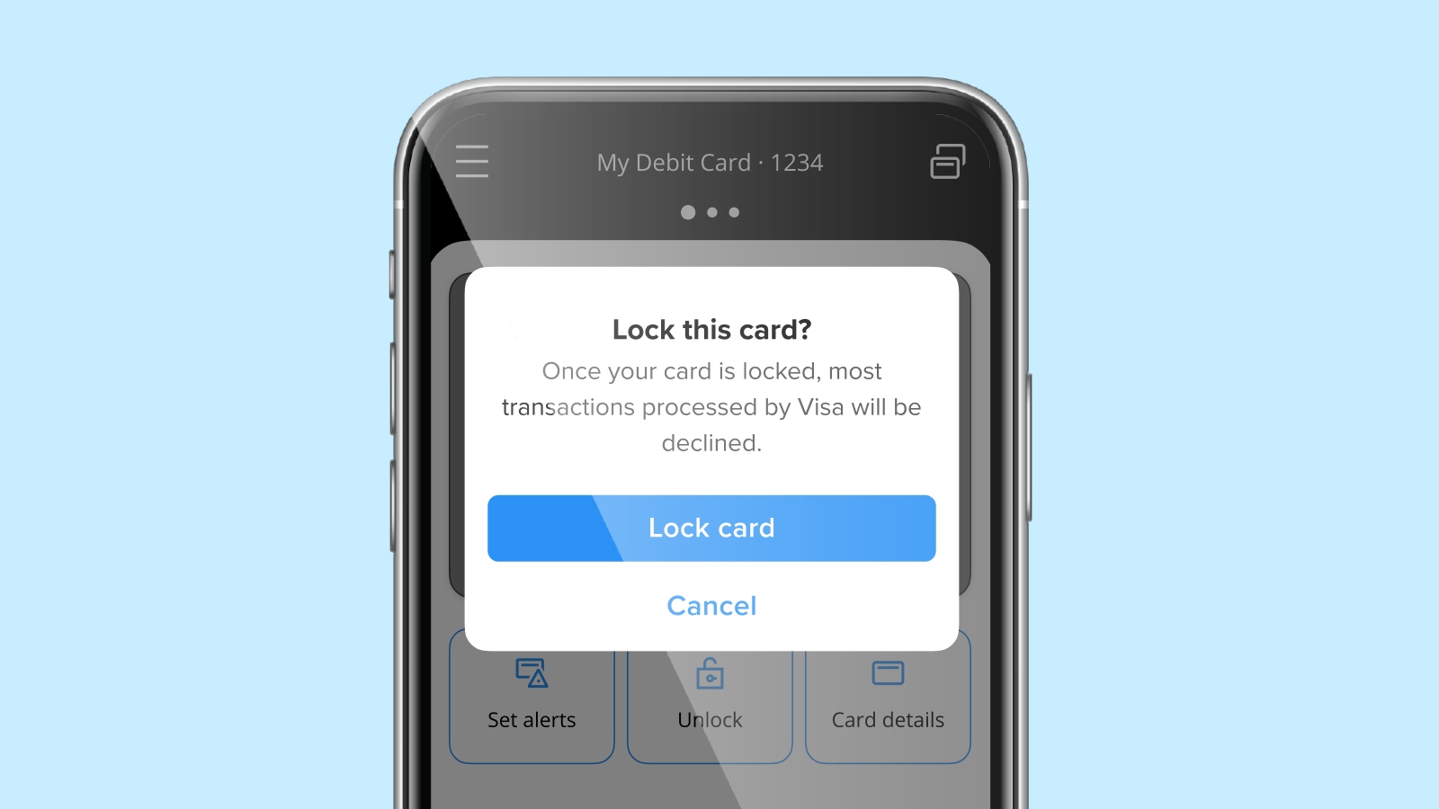 Smartphone prompt ove banking app asks user if they want to lock their card
