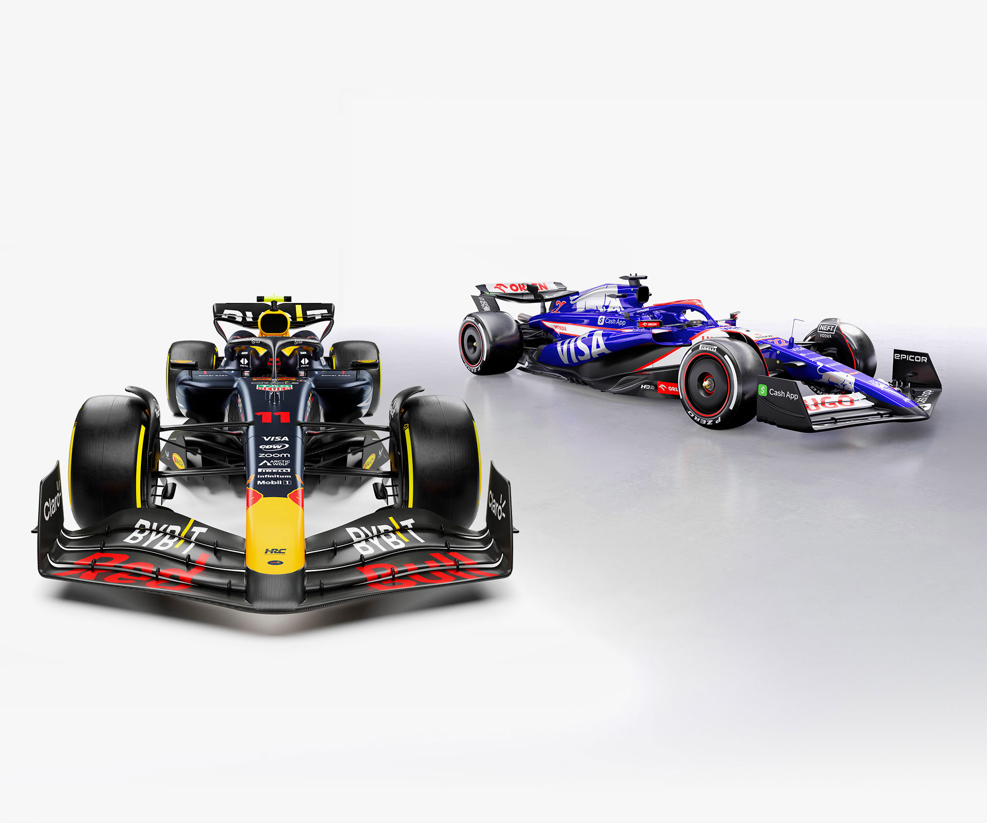 The Visa Cash App Red Bull and Oracle Red Bull Racing Formula One teams car liveries