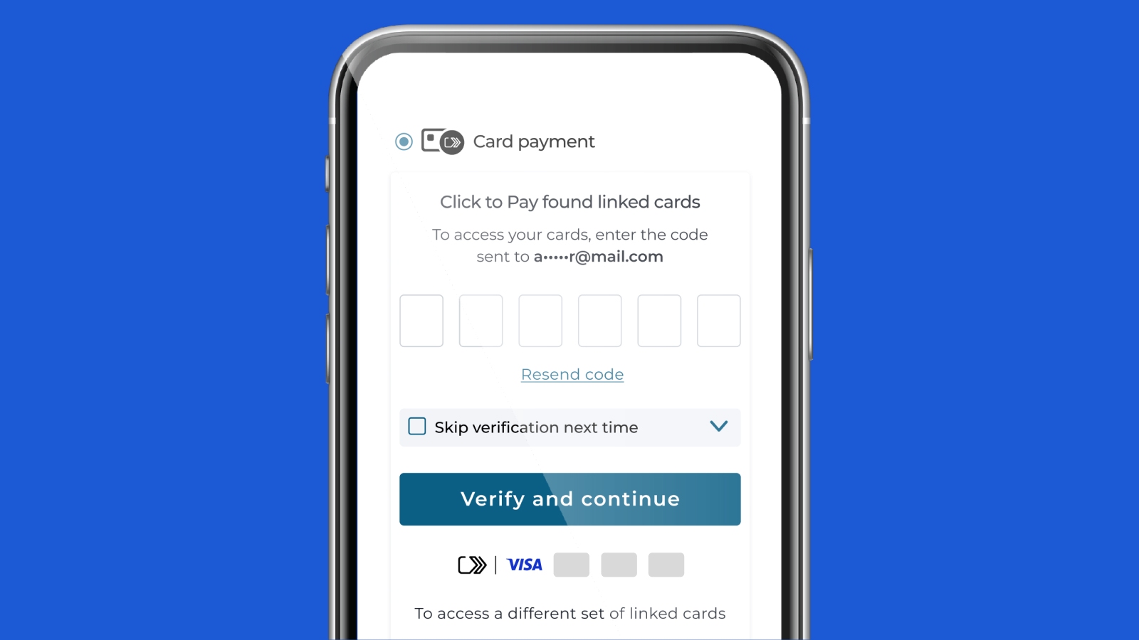 Mobile online checkout with passcode verification to reveal linked cards