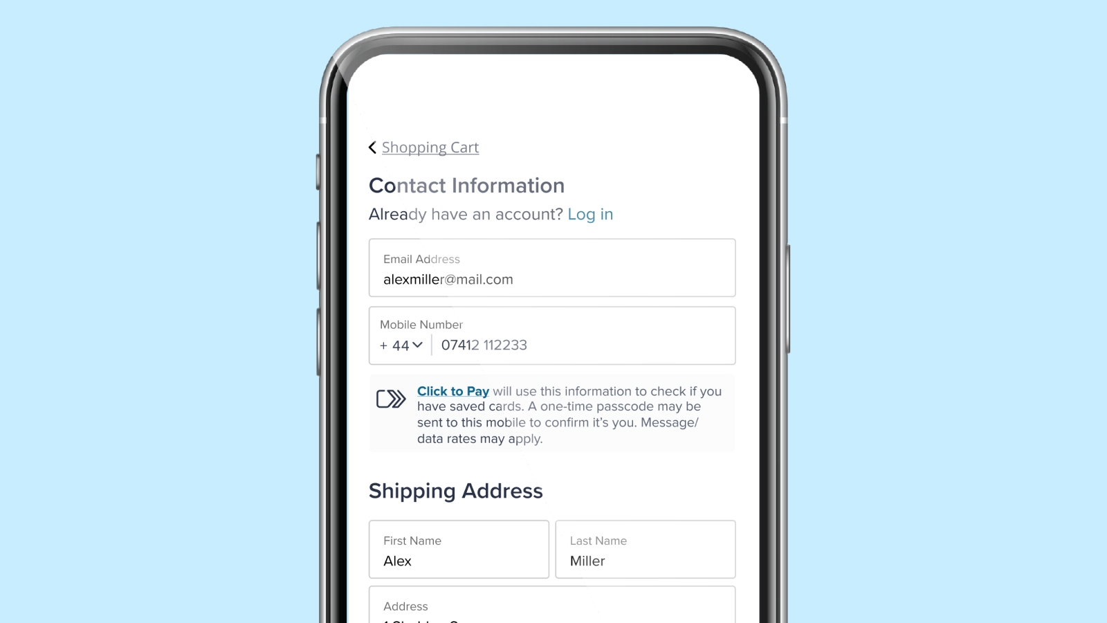 Mobile online checkout shows Click to Pay integration