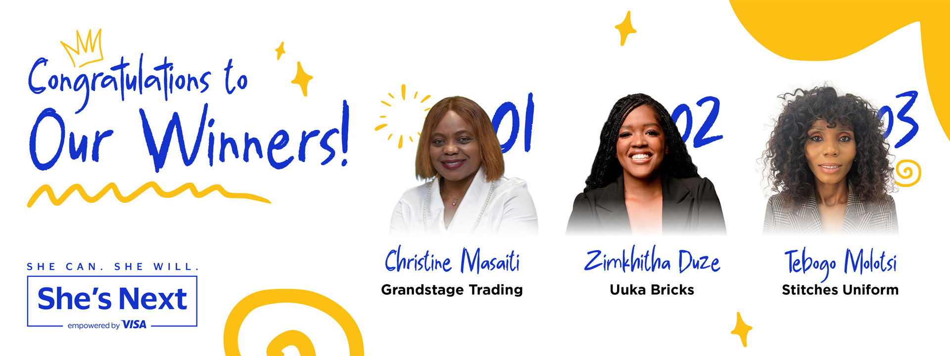 Congratulations banner for She’s Next winners, showing three women smiling: Christine Masaiti, Zimkitha Duze, and Tebogo Molotsi with their company names.