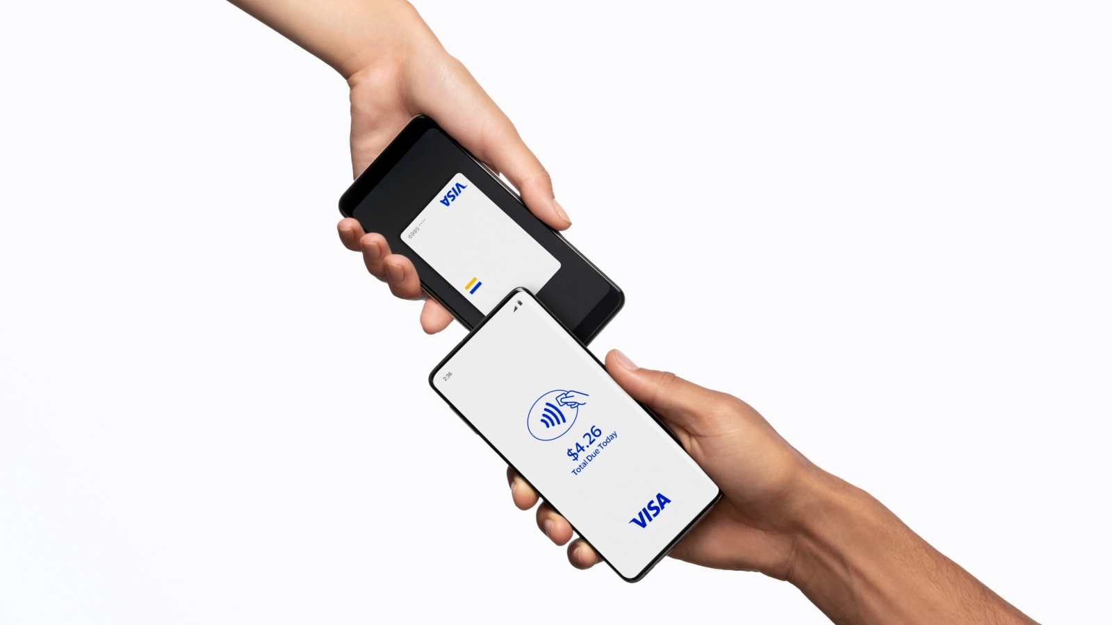 Two hands holding phones with Tap to Phone payment process