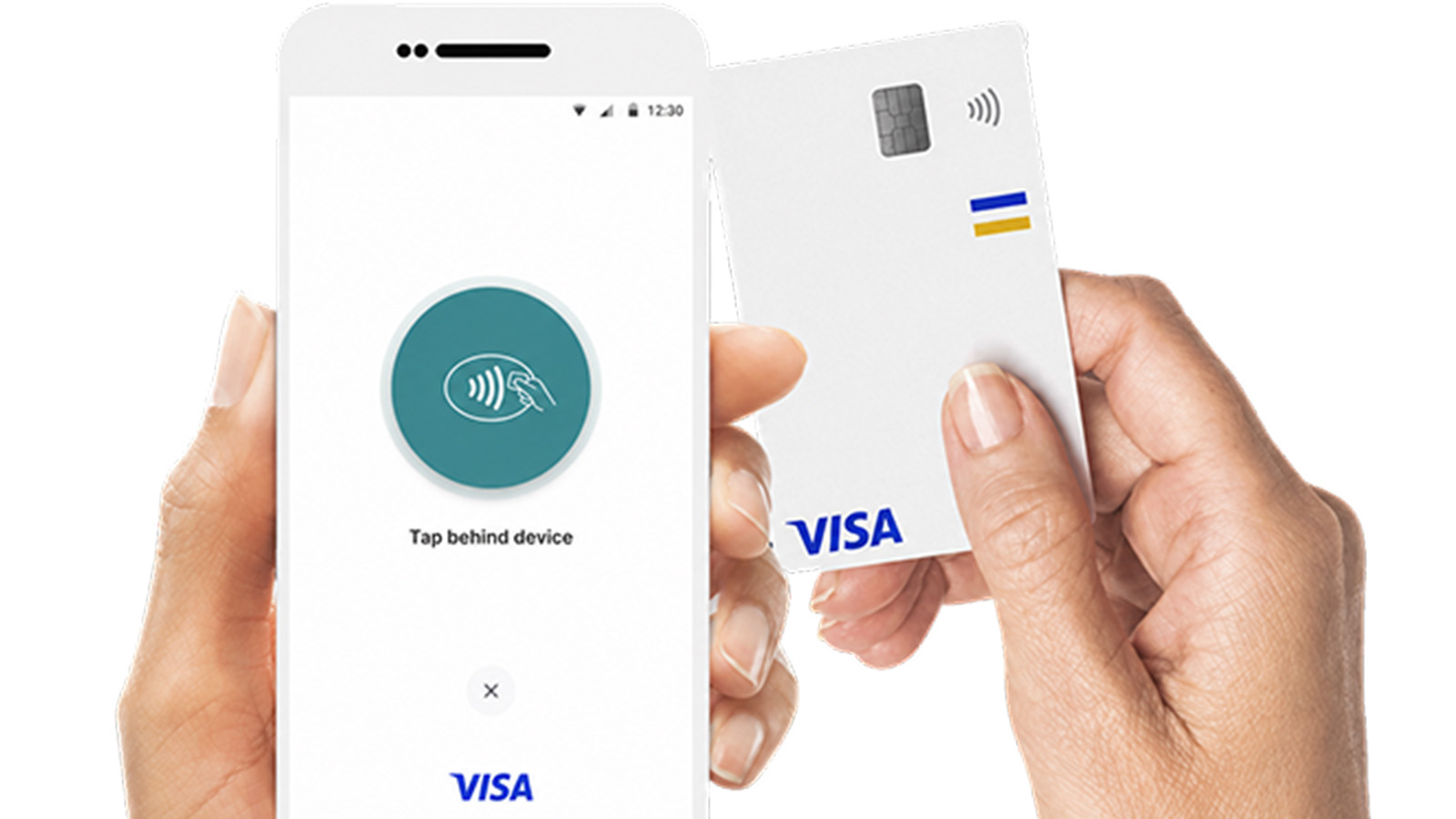 Phone with Visa and tap to pay logos saying Tap behind device, and a Visa-branded card.