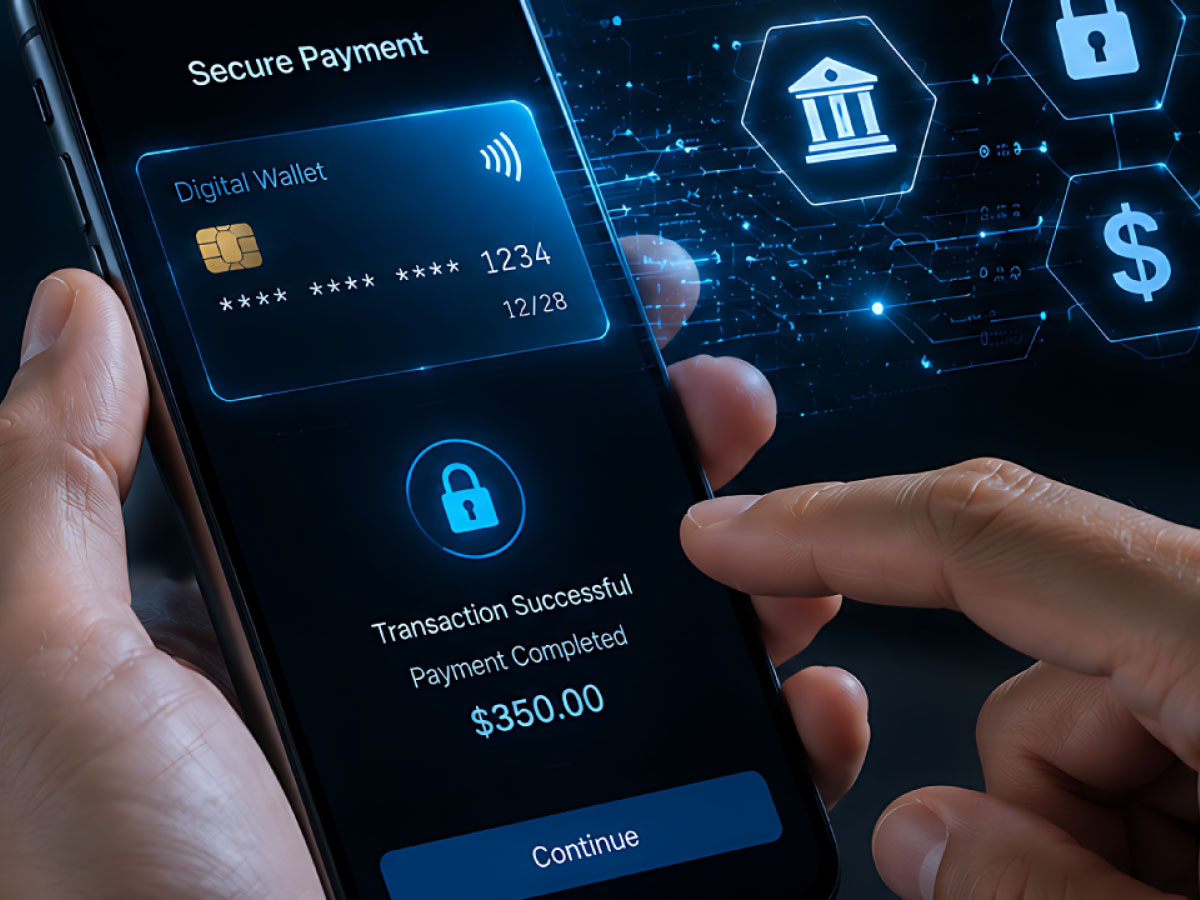 mobile digital wallet UI screen showing a $350 secure payment transaction completed successfully.