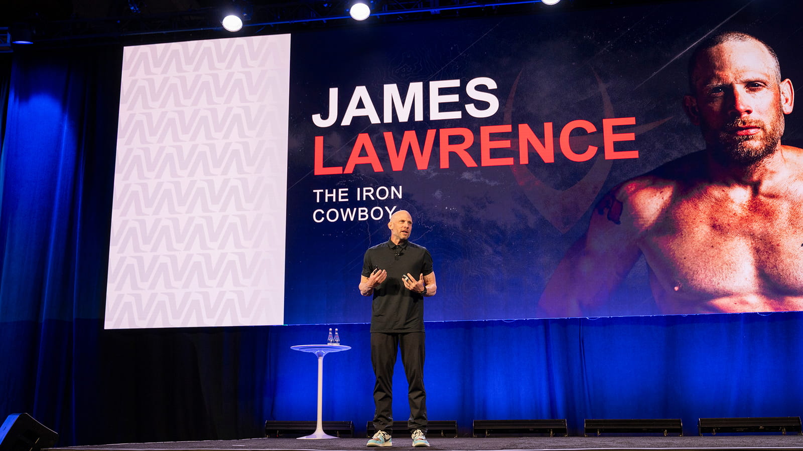James Lawrence, a Canadian triathlete, speaking on stage